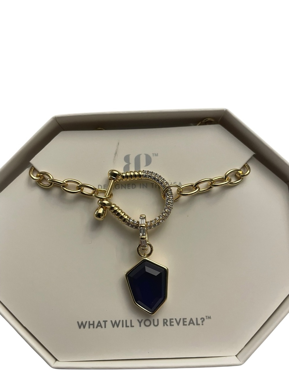 Bomb Party OG Necklace: “Necklace? More Like Neck-Yes” Gold/Blue Sapphire NIB